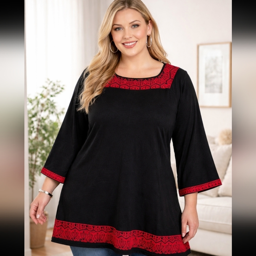 Style & Co Black Sweater Tunic Dress 2XL | Boho Red Embroidered Long Blouse
